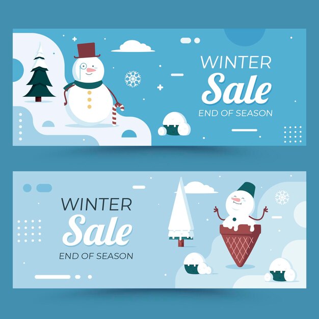 Conjunto de banners horizontales de rebajas de invierno plano