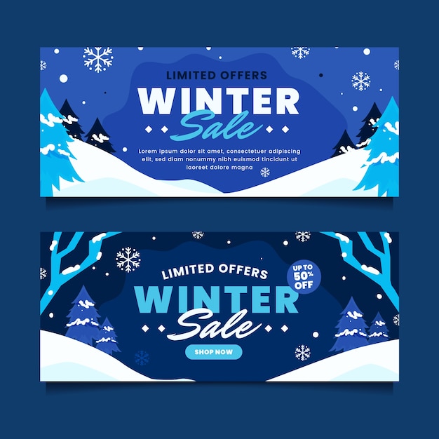 Conjunto de banners horizontales de rebajas de invierno plano