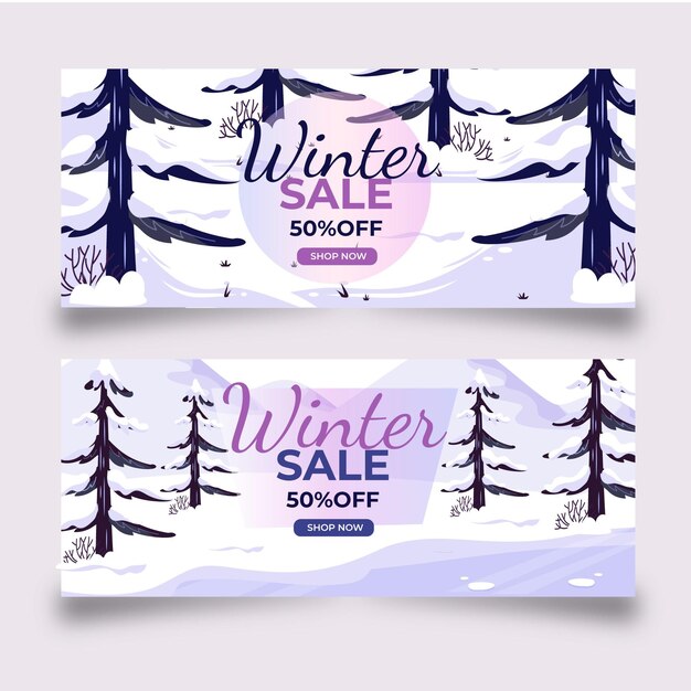 Conjunto de banners horizontales de rebajas de invierno plano