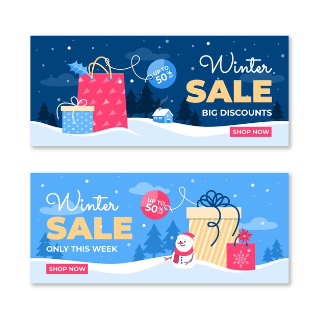 Conjunto de banners horizontales de rebajas de invierno plano