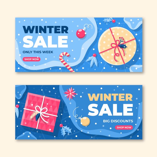 Conjunto de banners horizontales de rebajas de invierno plano