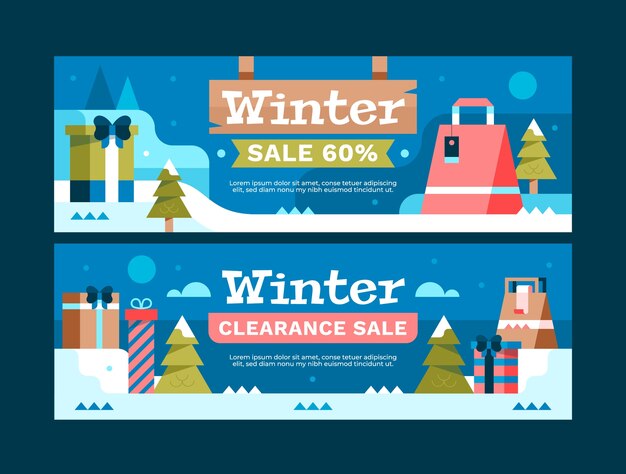 Vector gratuito conjunto de banners horizontales de rebajas de invierno plano