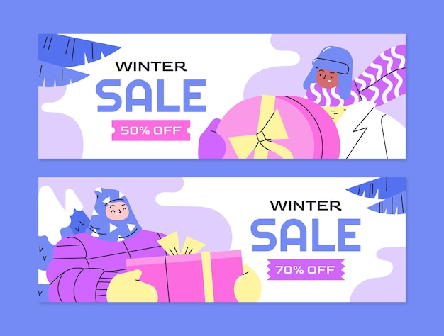 Vector gratuito conjunto de banners horizontales de rebajas de invierno plano