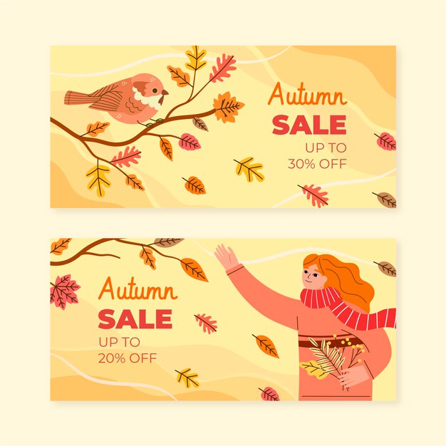 Conjunto de banners horizontales de rebajas de otoño plano dibujado a mano