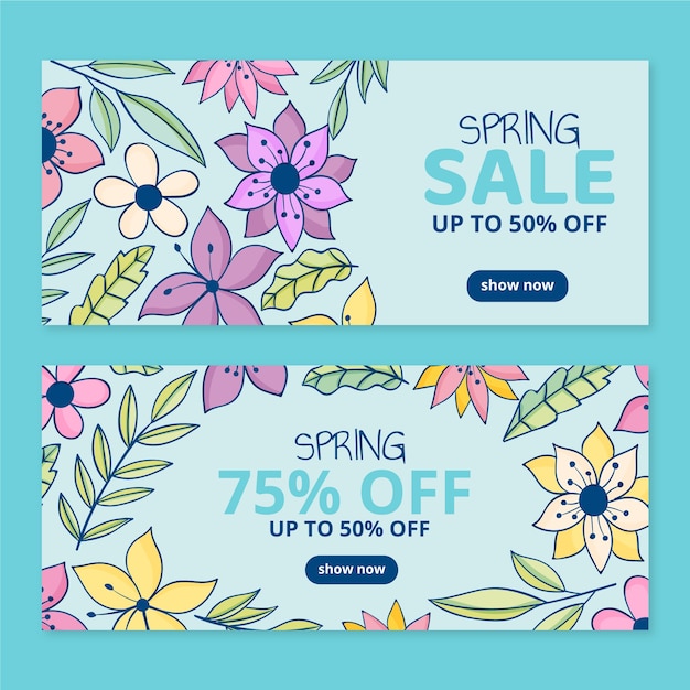 Vector gratuito conjunto de banners horizontales de rebajas de primavera dibujados a mano