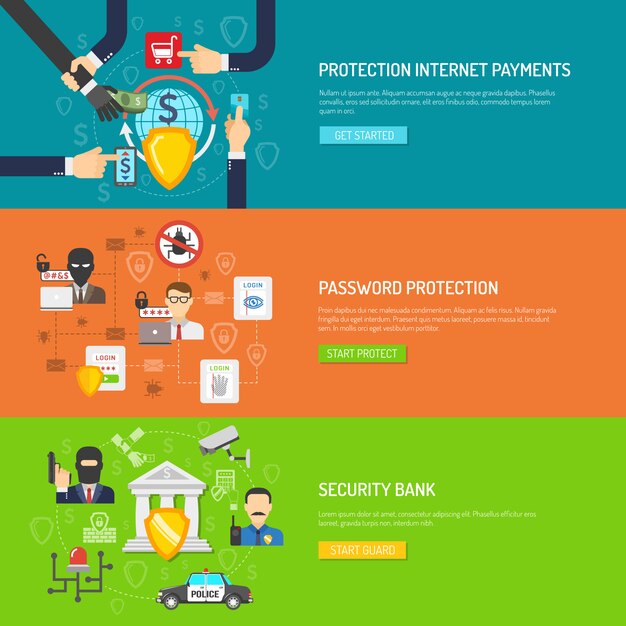 Conjunto de banners horizontales de seguridad bancaria.