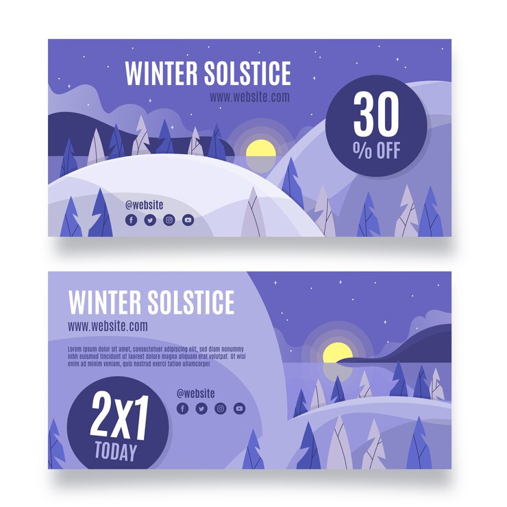 Vector gratuito conjunto de banners horizontales de solsticio de invierno plano dibujado a mano