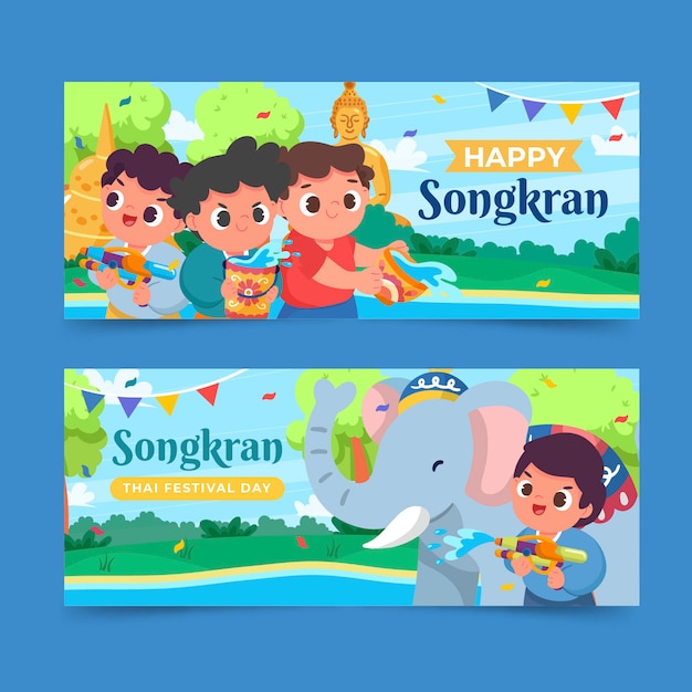 Vector gratuito conjunto de banners horizontales de songkran plano