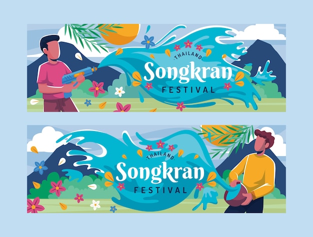 Vector gratuito conjunto de banners horizontales de songkran plano