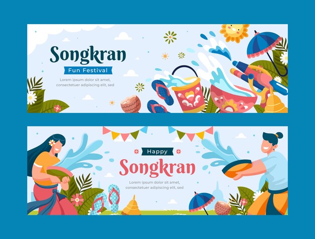 Conjunto de banners horizontales de songkran plano