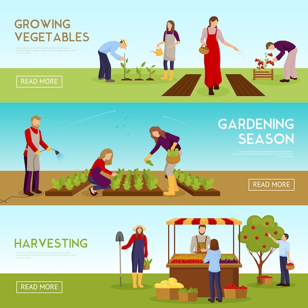 Vector gratuito conjunto de banners horizontales de temporada de jardinería