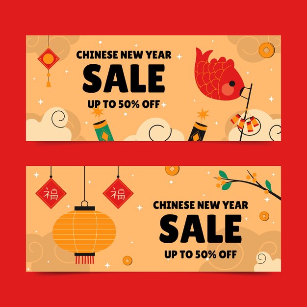 Conjunto de banners horizontales de venta de año nuevo chino dibujado a mano