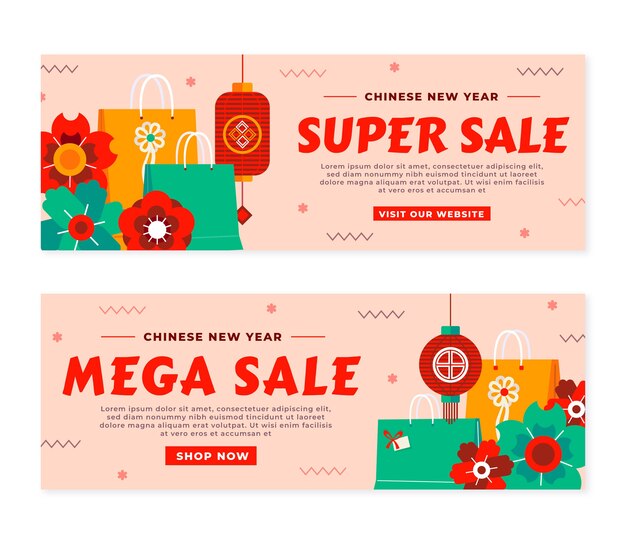 Conjunto de banners horizontales de venta de año nuevo chino plano
