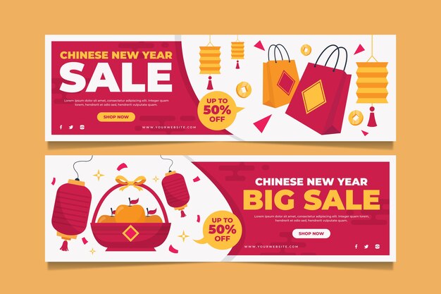 Conjunto de banners horizontales de venta de año nuevo chino plano