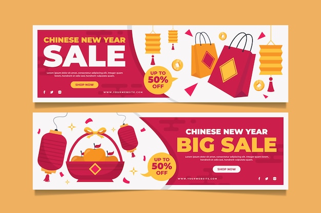 Conjunto de banners horizontales de venta de año nuevo chino plano