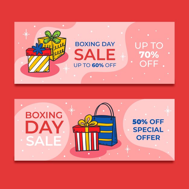 Conjunto de banners horizontales de venta de boxing day dibujados a mano