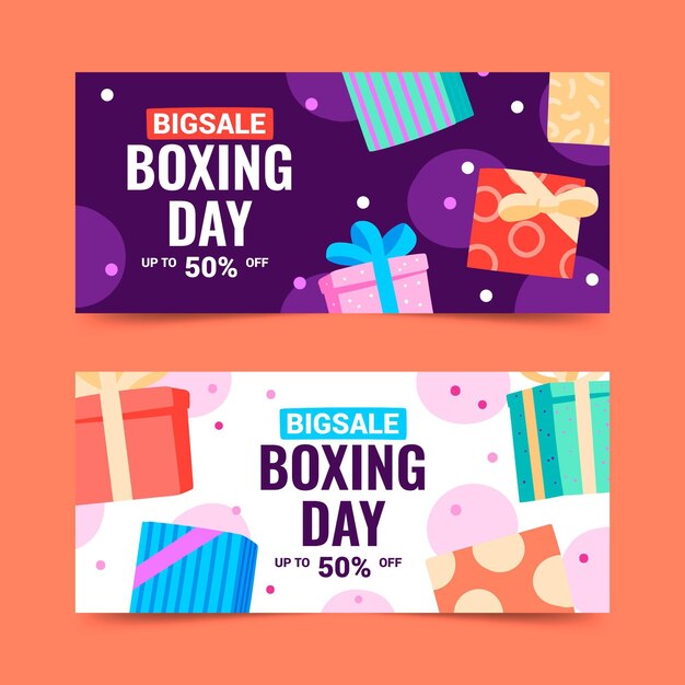 Conjunto de banners horizontales de venta de boxing day plano dibujado a mano
