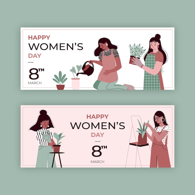 Conjunto de banners horizontales de venta de día internacional de la mujer plana