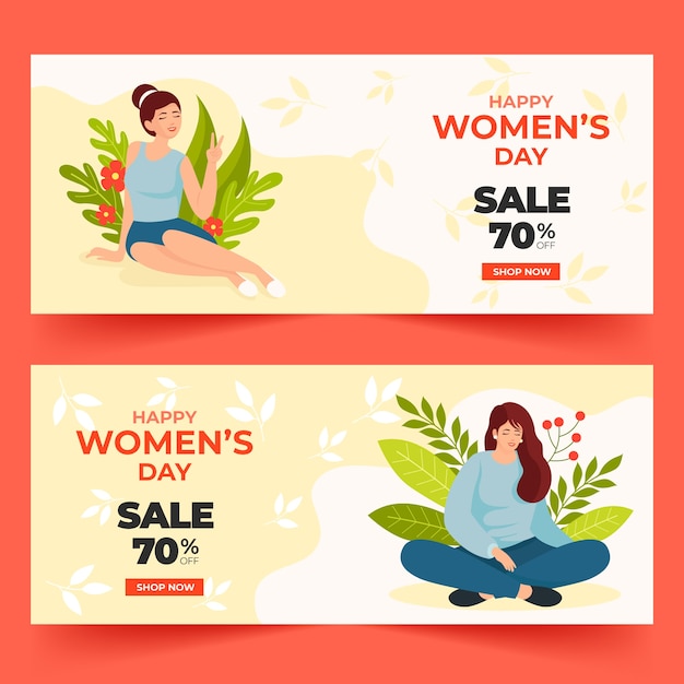 Vector gratuito conjunto de banners horizontales de venta de día internacional de la mujer plana