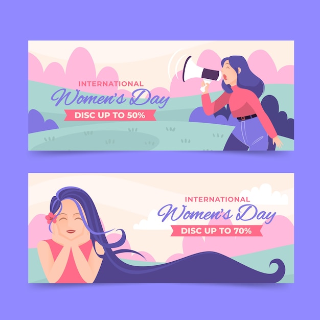 Vector gratuito conjunto de banners horizontales de venta de día internacional de la mujer plana