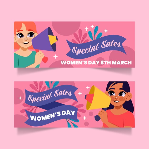 Conjunto de banners horizontales de venta de día internacional de la mujer plana