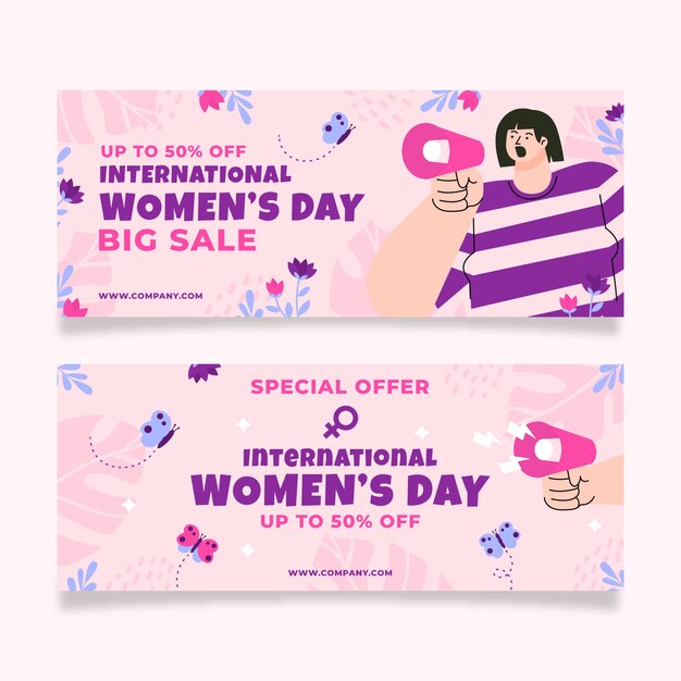 Conjunto de banners horizontales de venta de día internacional de la mujer plana