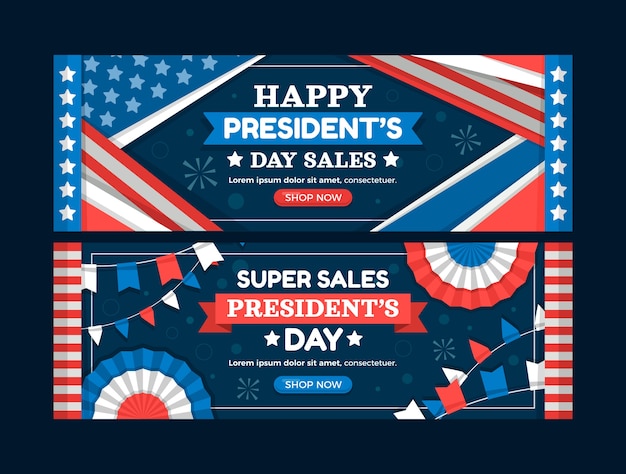 Vector gratuito conjunto de banners horizontales de venta de día de presidentes planos