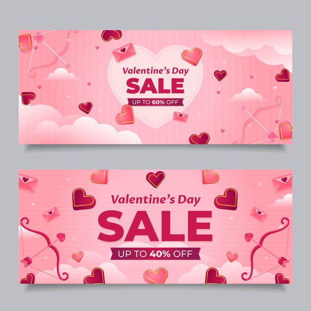 Conjunto de banners horizontales de venta de día de san valentín degradado