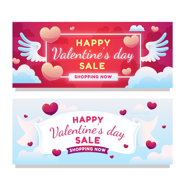 Conjunto de banners horizontales de venta de día de san valentín degradado