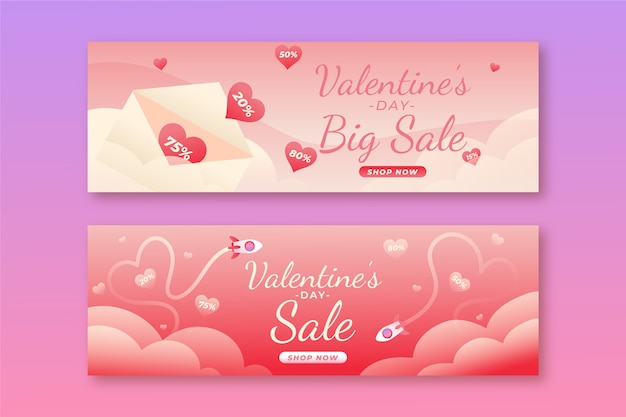 Conjunto de banners horizontales de venta de día de san valentín degradado