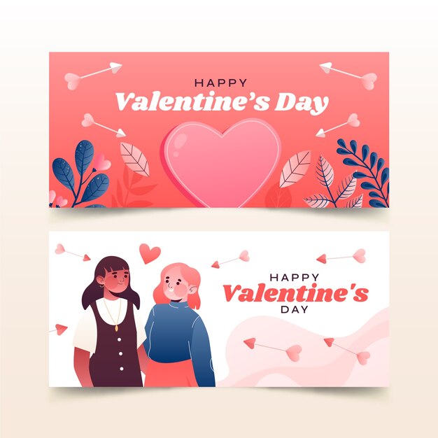 Conjunto de banners horizontales de venta de día de san valentín degradado