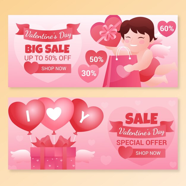 Vector gratuito conjunto de banners horizontales de venta de día de san valentín degradado