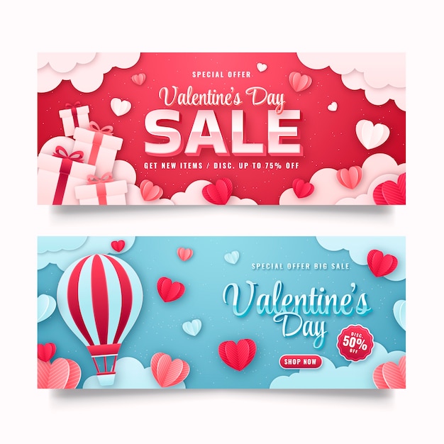 Conjunto de banners horizontales de venta de día de san valentín degradado