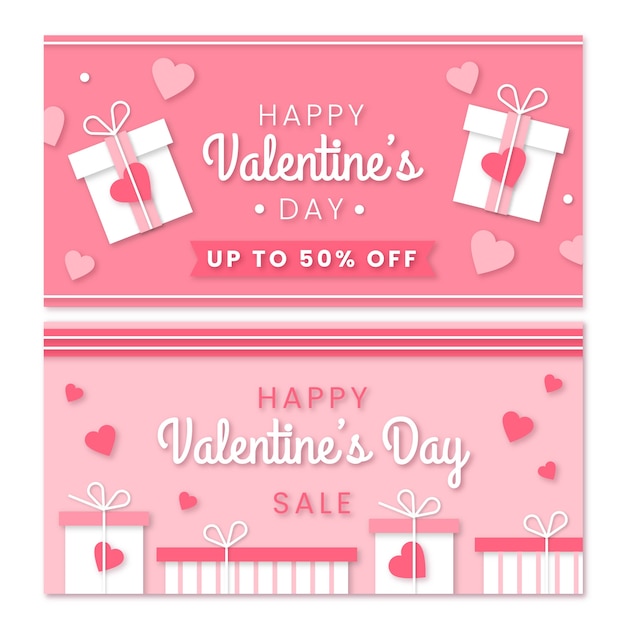 Vector gratuito conjunto de banners horizontales de venta de día de san valentín de estilo de papel