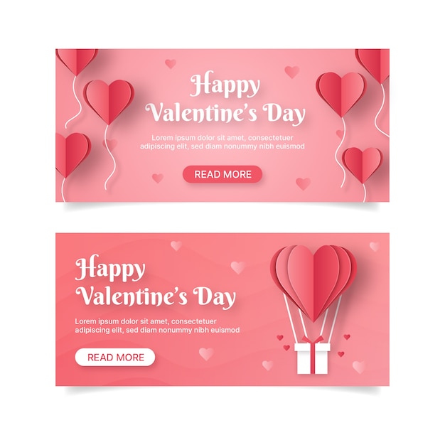 Conjunto de banners horizontales de venta de día de san valentín de estilo de papel