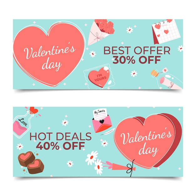 Conjunto de banners horizontales de venta de día de san valentín plano