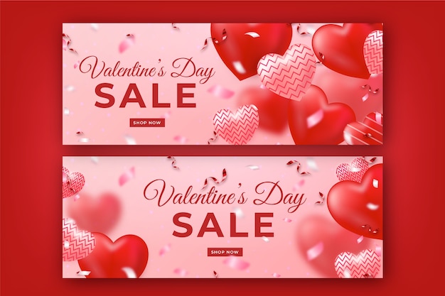 Conjunto de banners horizontales de venta de día de san valentín realista