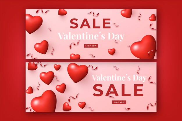 Vector gratuito conjunto de banners horizontales de venta de día de san valentín realista