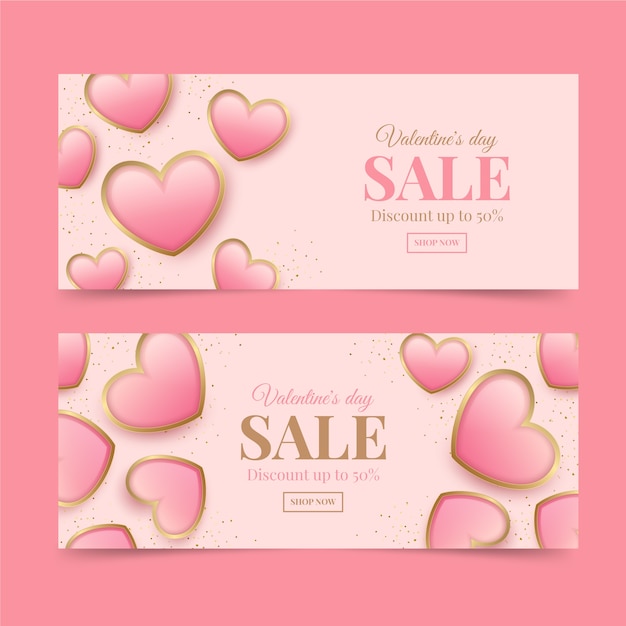 Conjunto de banners horizontales de venta de día de san valentín realista