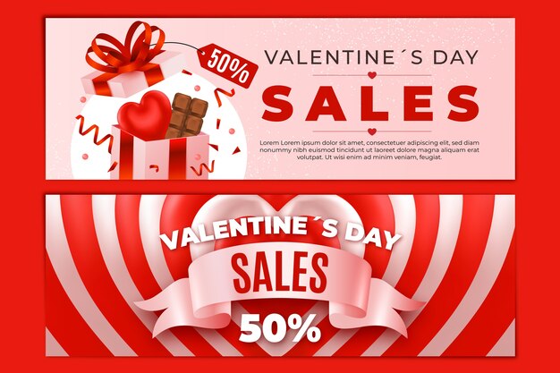 Vector gratuito conjunto de banners horizontales de venta de día de san valentín realista