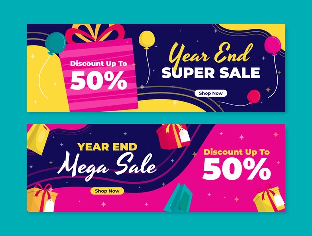 Conjunto de banners horizontales de venta de fin de año plano