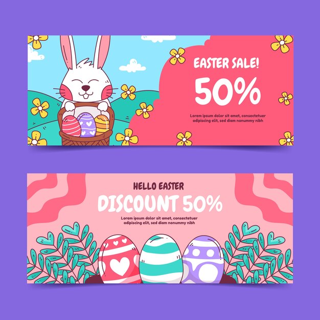 Conjunto de banners horizontales de venta de pascua dibujados a mano