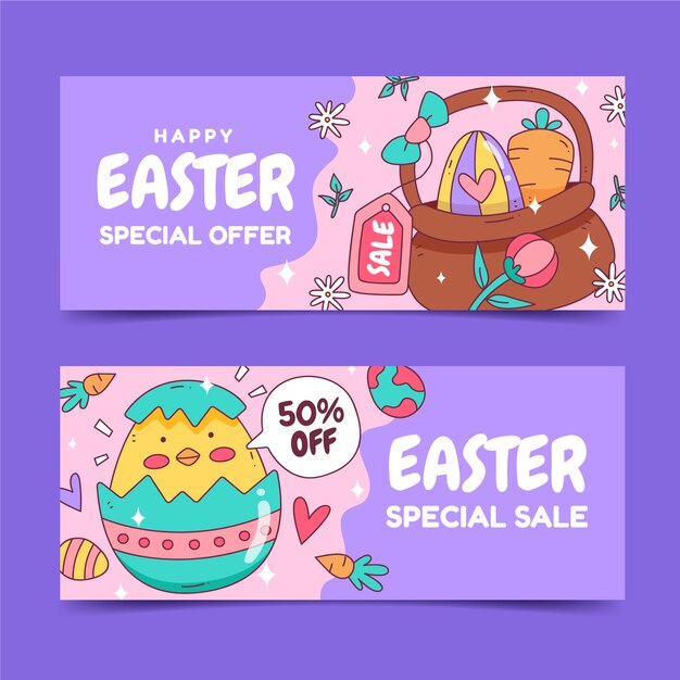 Conjunto de banners horizontales de venta de pascua dibujados a mano