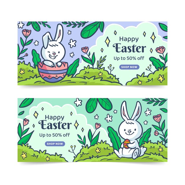 Conjunto de banners horizontales de venta de pascua dibujados a mano