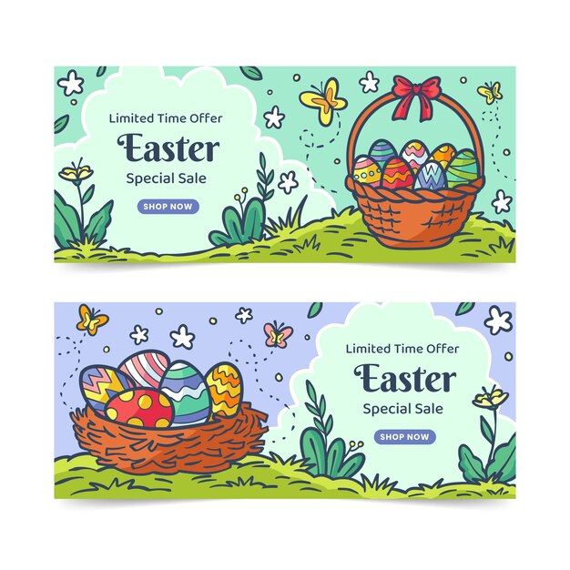 Conjunto de banners horizontales de venta de pascua dibujados a mano
