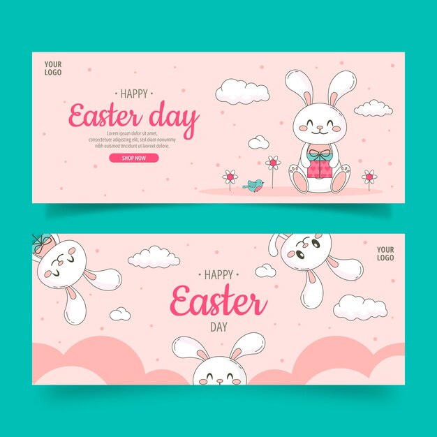 Conjunto de banners horizontales de venta de pascua dibujados a mano