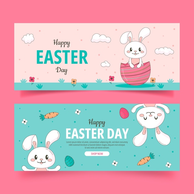 Conjunto de banners horizontales de venta de pascua dibujados a mano