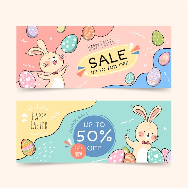 Vector gratuito conjunto de banners horizontales de venta de pascua dibujados a mano