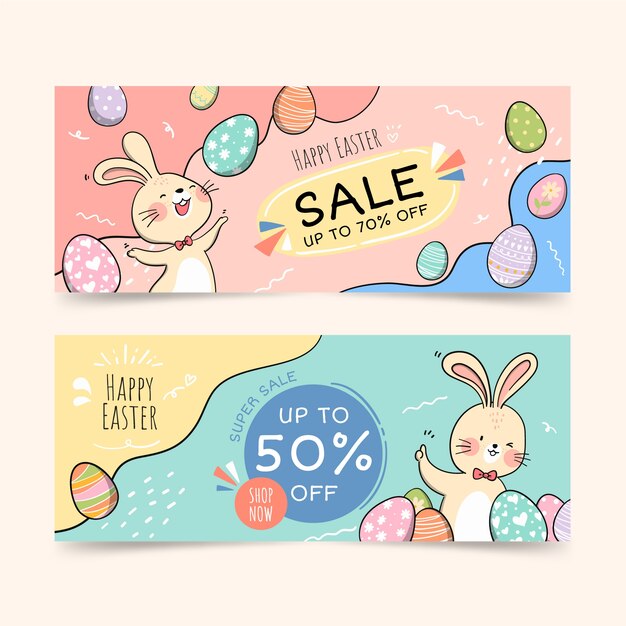 Conjunto de banners horizontales de venta de pascua dibujados a mano