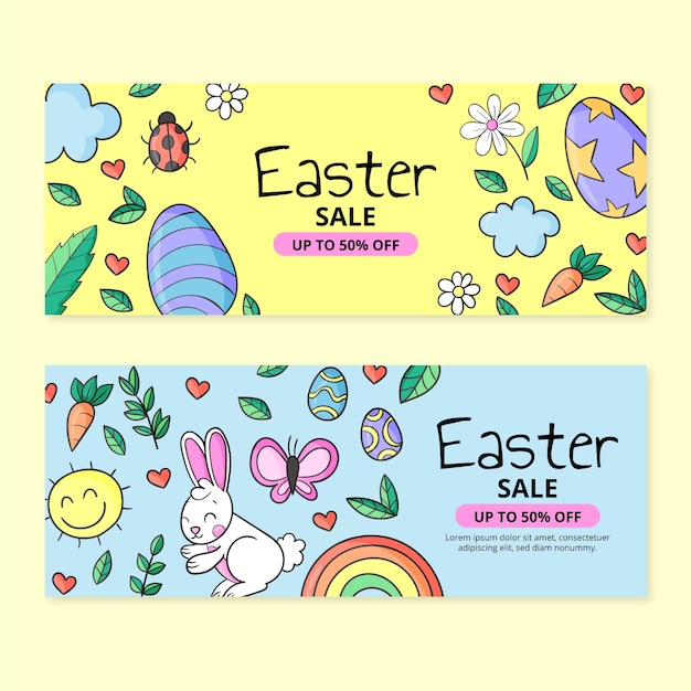 Vector gratuito conjunto de banners horizontales de venta de pascua dibujados a mano